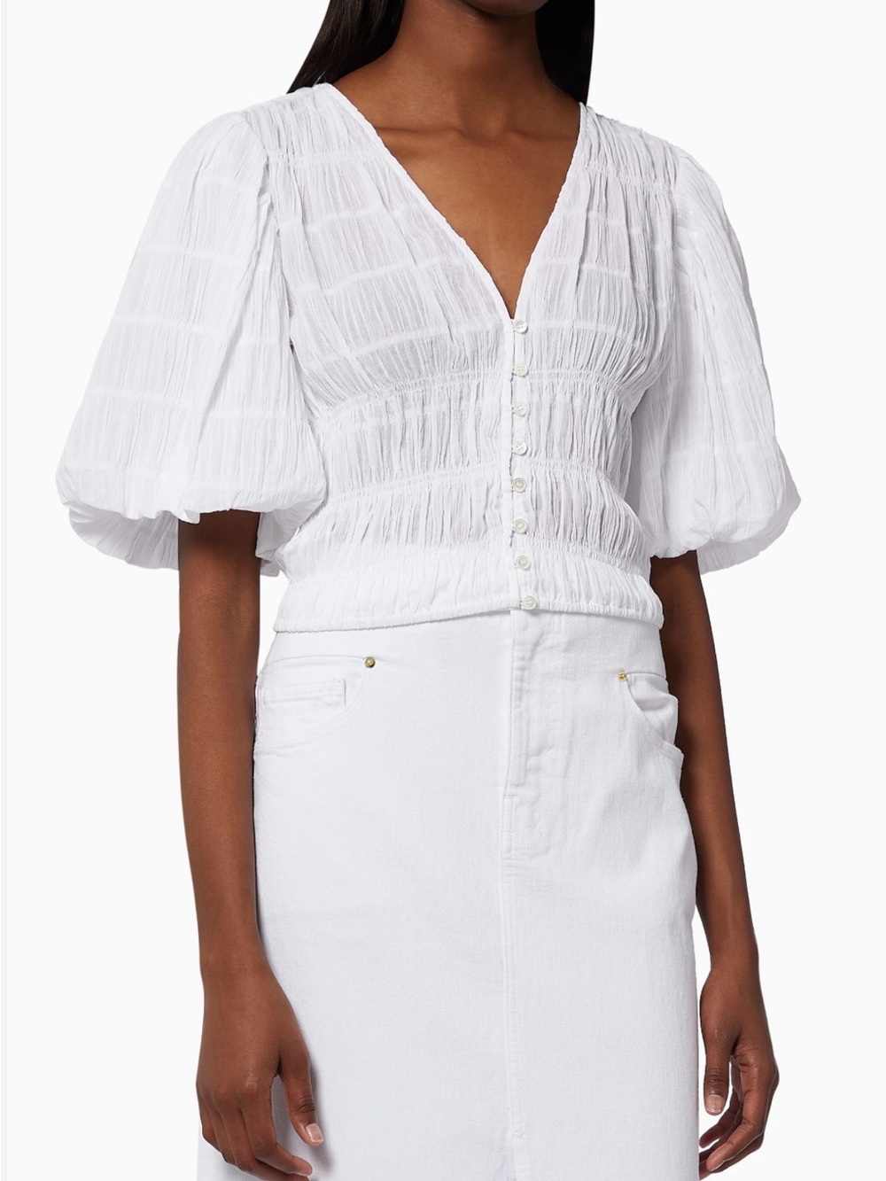 Frame Denim White Puff Sleeve Smocked Button Blouse